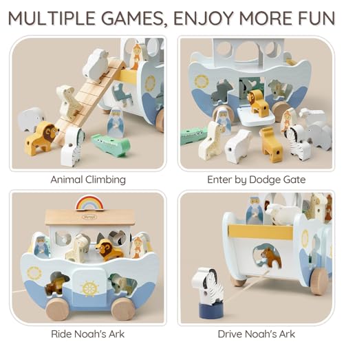 Joyreal Arche de Noé Jouet en Bois pour Enfant 1-2 ans - Cadeau Baptême Garçon Fille, Jeux Montessori avec Animaux de la